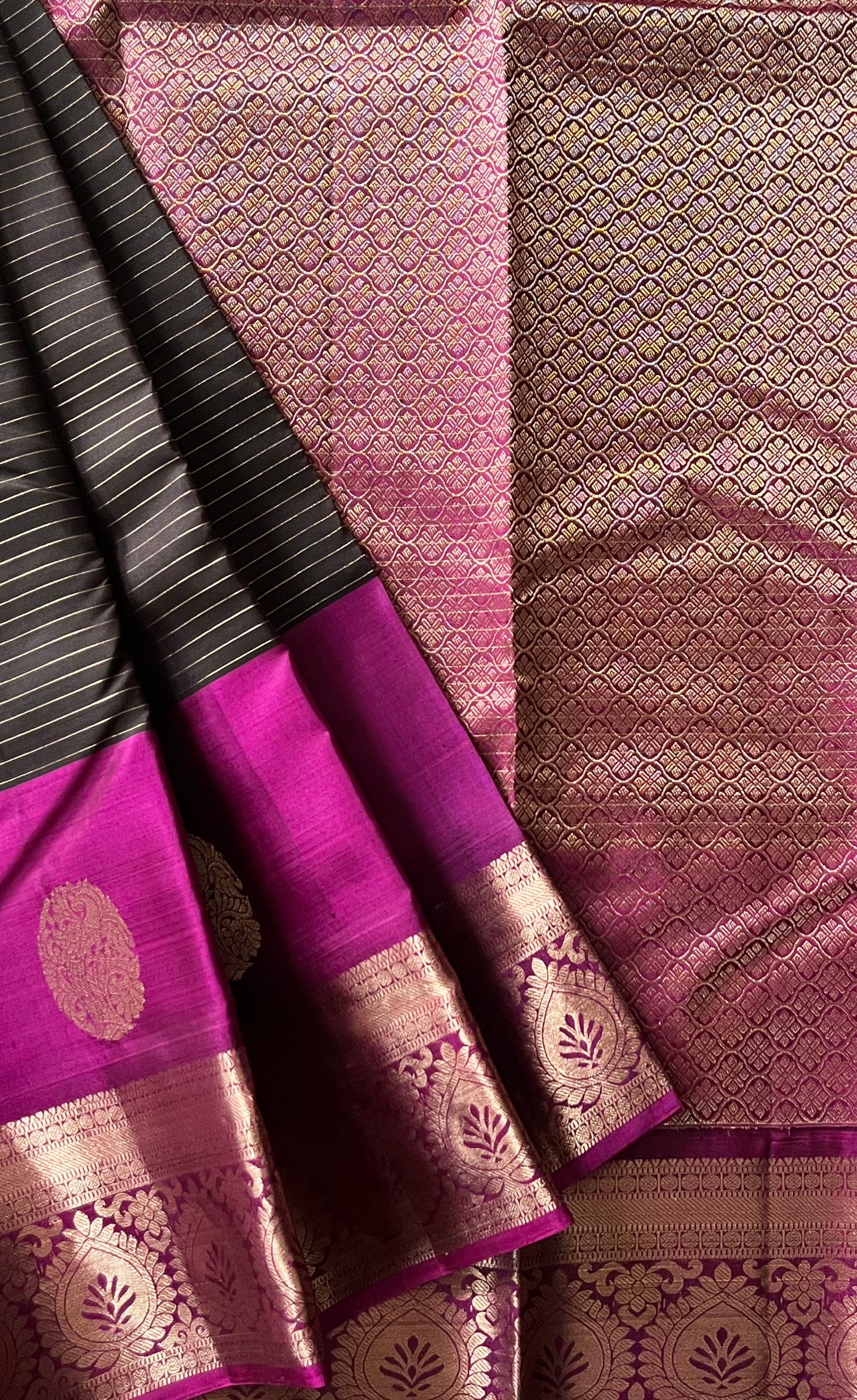 Peacock Plume Kanjeevaram in Charcoal Brown and Magenta Pallu
