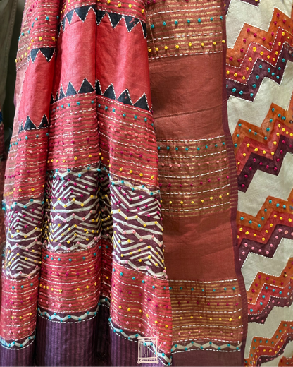 Crimson chevron full designer pallu with kantha and french knots