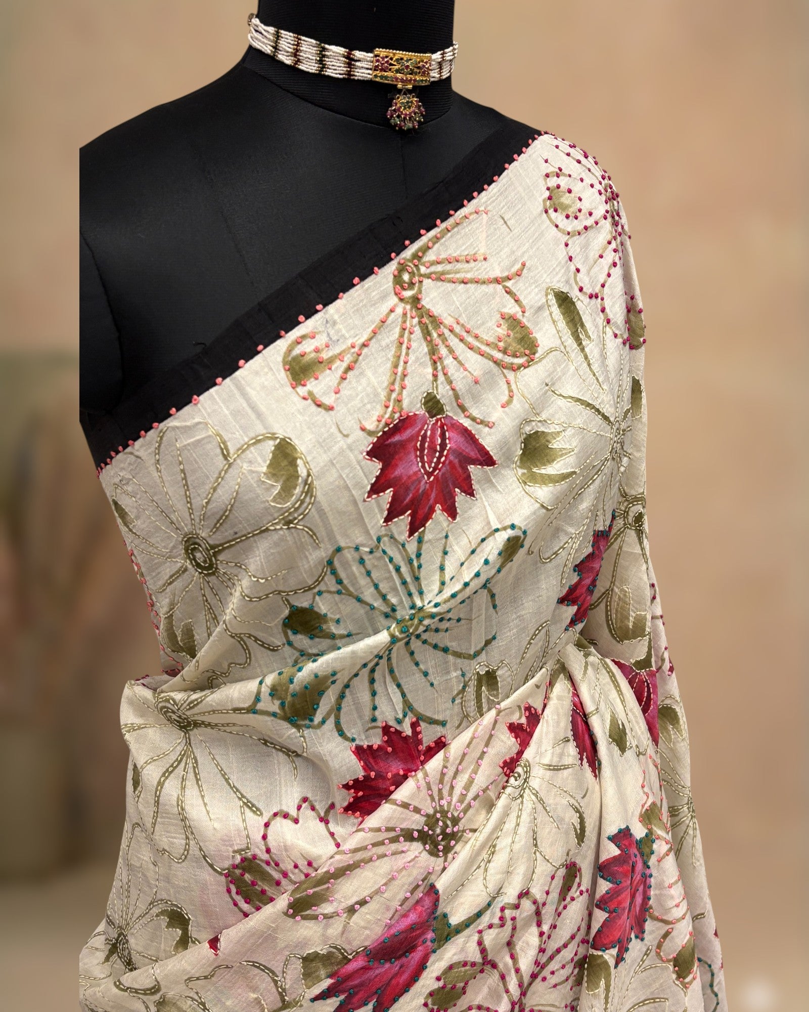 All-over floral motifs with Kantha embroidery and French knots