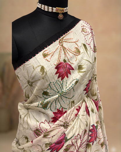 All-over floral motifs with Kantha embroidery and French knots