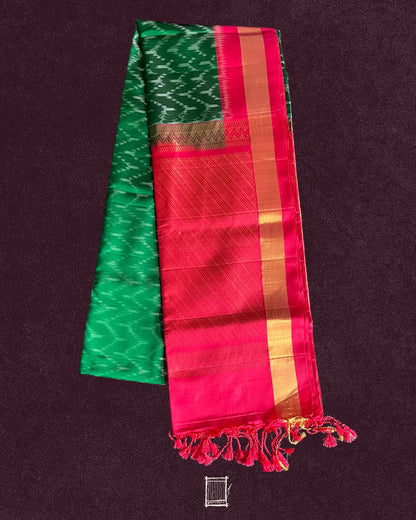 Overview of green ikat body and pink pallu