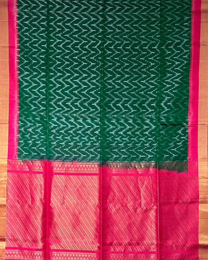 Emerald Pulse soft silk saree – full view with green ikat body and pink pallu
