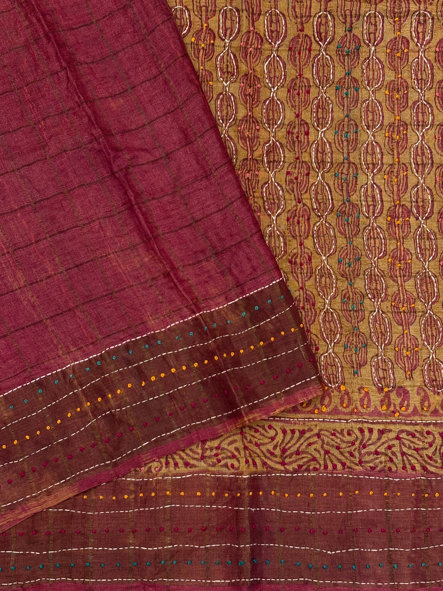 Contrast Zari checks with Kantha border work
