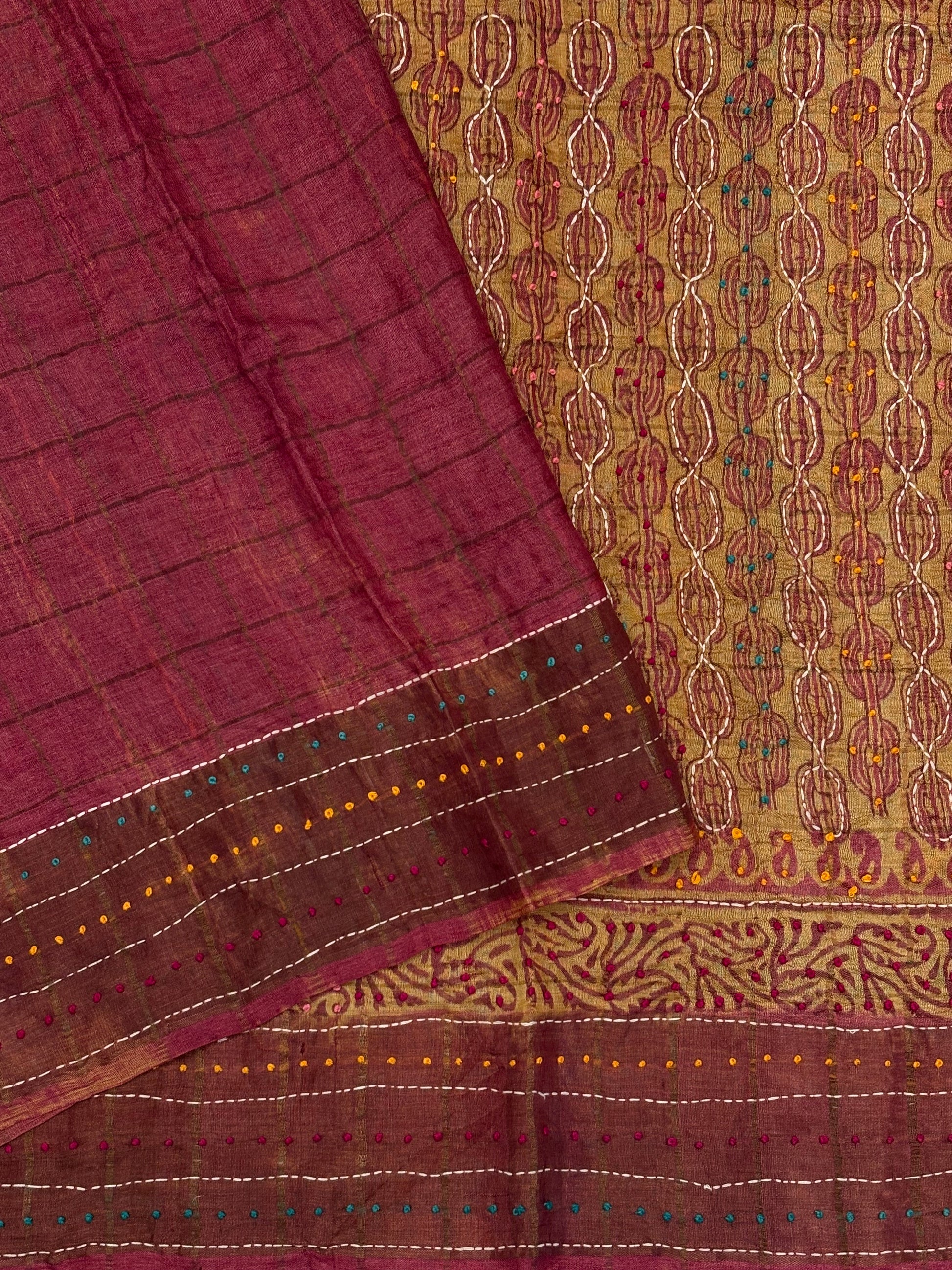 Contrast Zari checks with Kantha border work