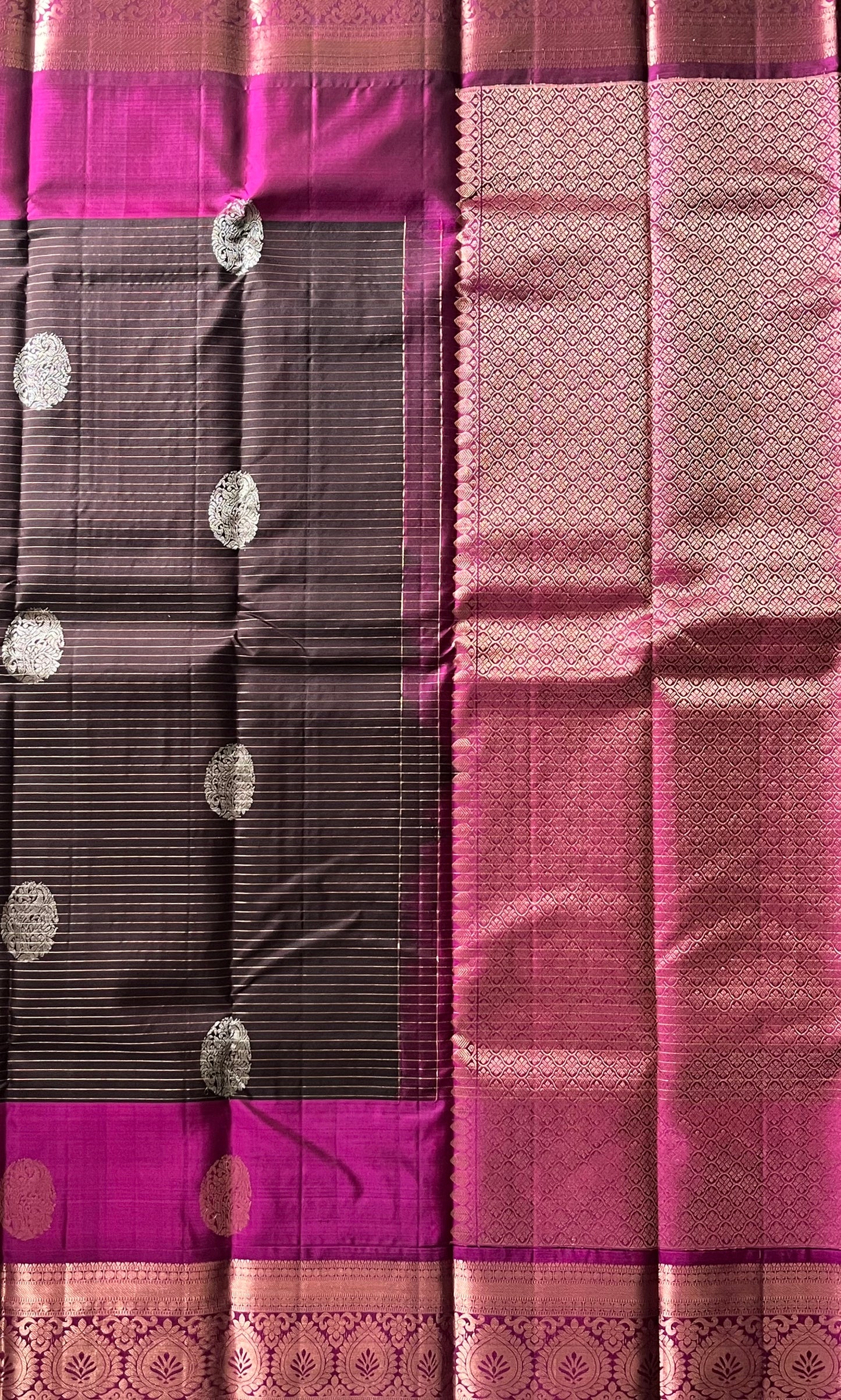 Peacock Plume Kanjeevaram in Charcoal Brown and Magenta Pallu