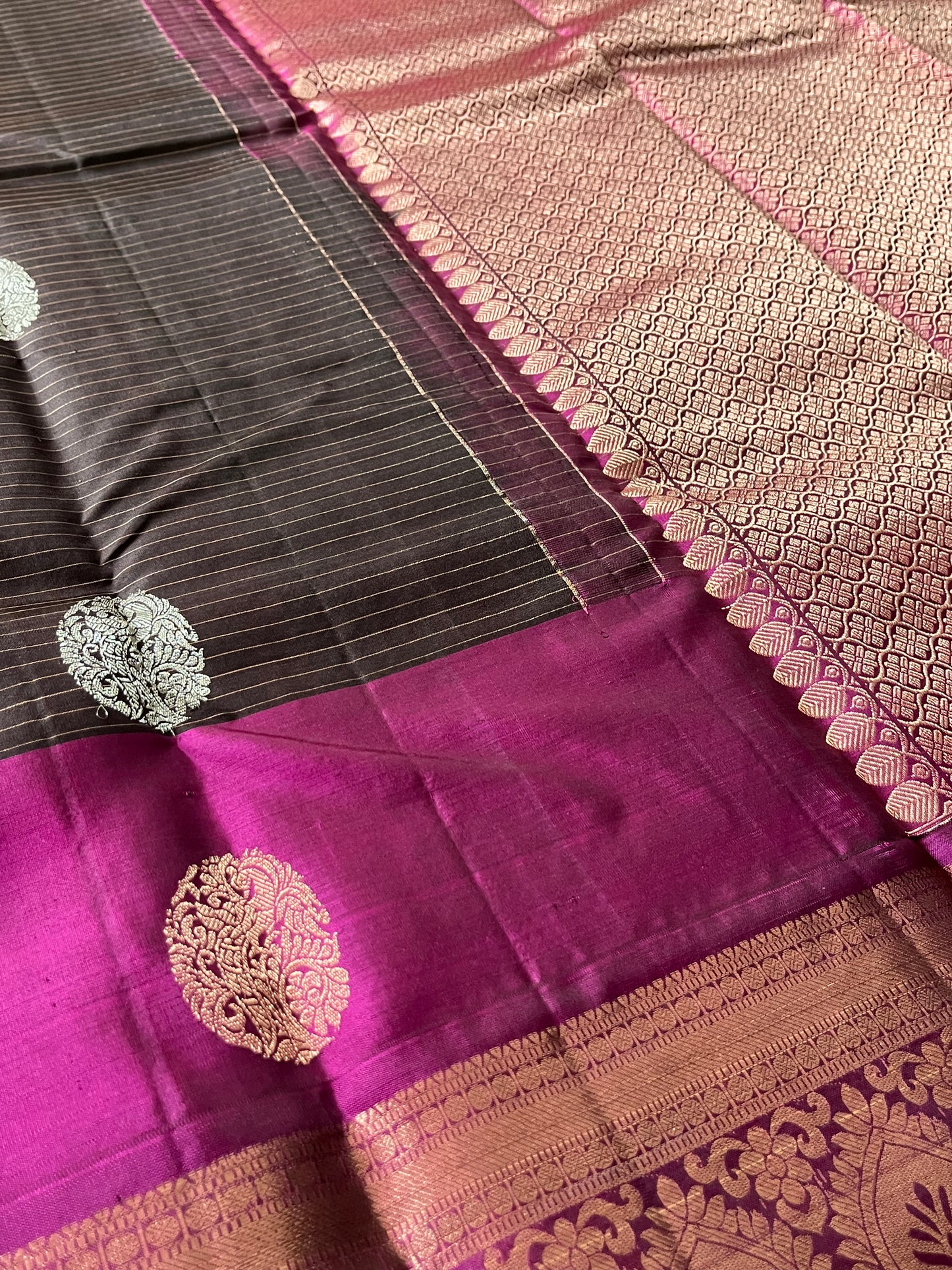 Peacock Plume Kanjeevaram in Charcoal Brown and Magenta Pallu