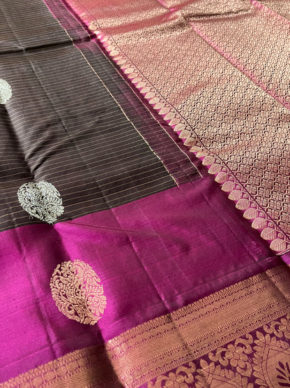 Peacock Plume Kanjeevaram in Charcoal Brown and Magenta Pallu