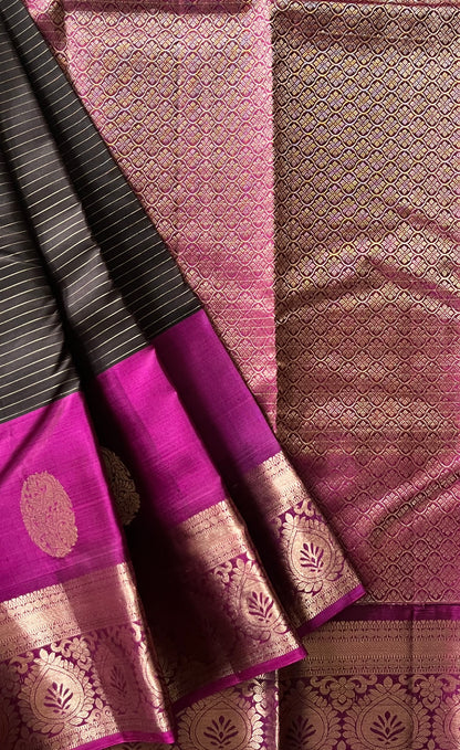 Peacock Plume Kanjeevaram in Charcoal Brown and Magenta Pallu