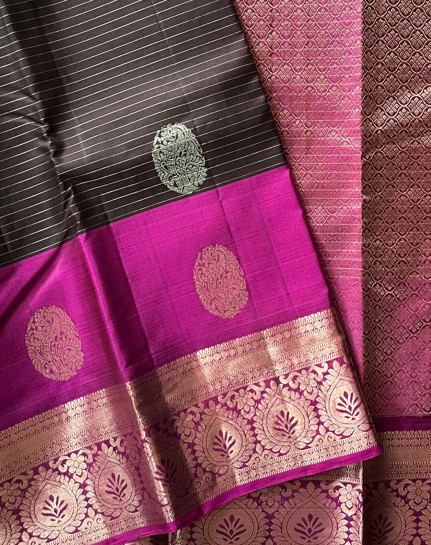 Peacock Plume Kanjeevaram in Charcoal Brown and Magenta Pallu