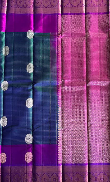 Peacock Plume Kanjeevaram in Blue Green Kalanetha with Royal-Violet Pallu