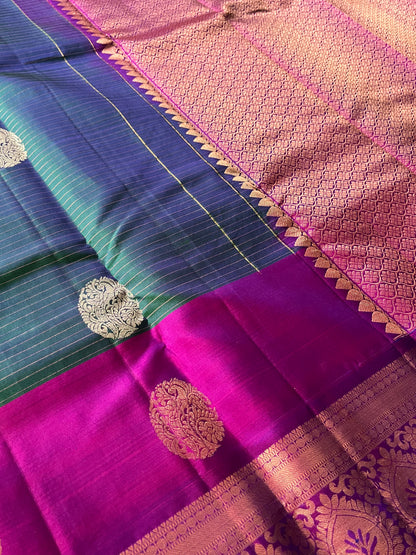 Peacock Plume Kanjeevaram in Blue Green Kalanetha with Royal-Violet Pallu