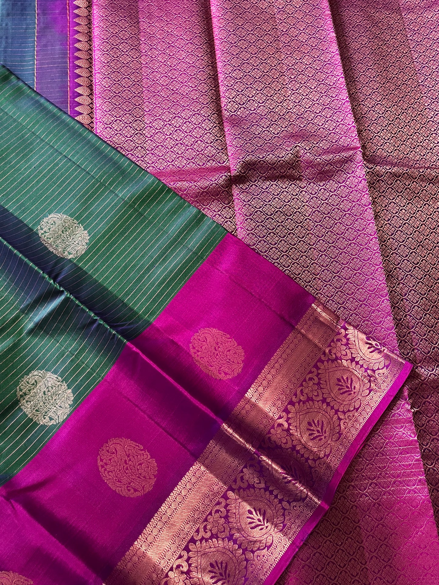 Peacock Plume Kanjeevaram in Blue Green Kalanetha with Royal-Violet Pallu