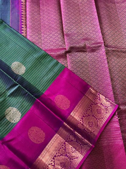 Peacock Plume Kanjeevaram in Blue Green Kalanetha with Royal-Violet Pallu