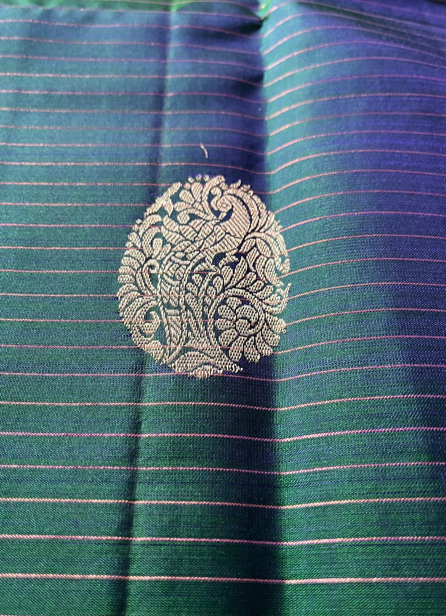 Peacock Plume Kanjeevaram in Blue Green Kalanetha with Royal-Violet Pallu