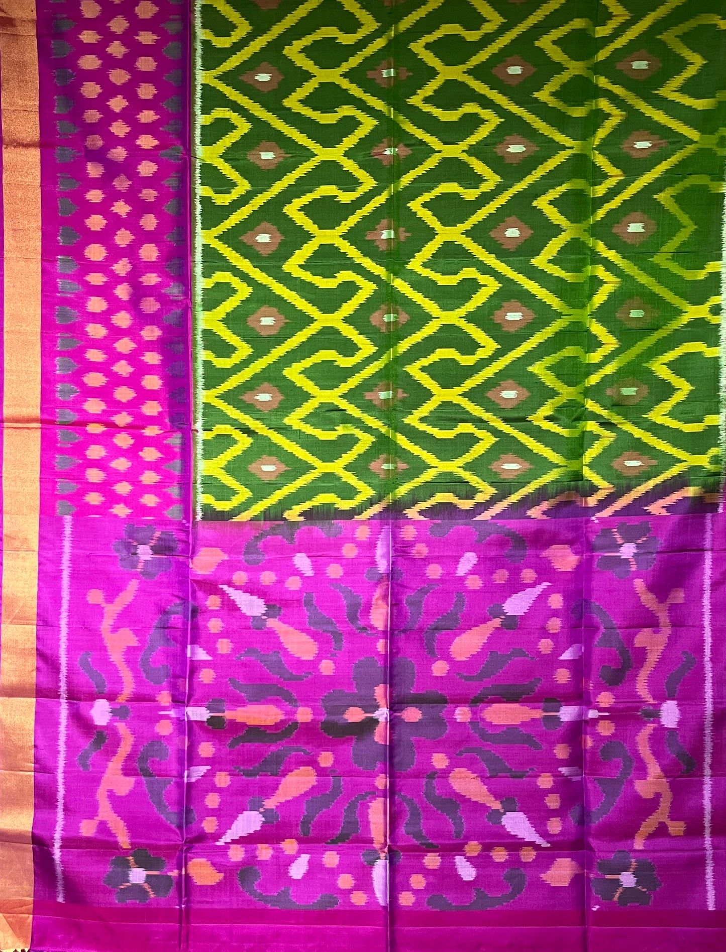 Aurora Meadow – Green & Fuchsia Ikat Soft Silk