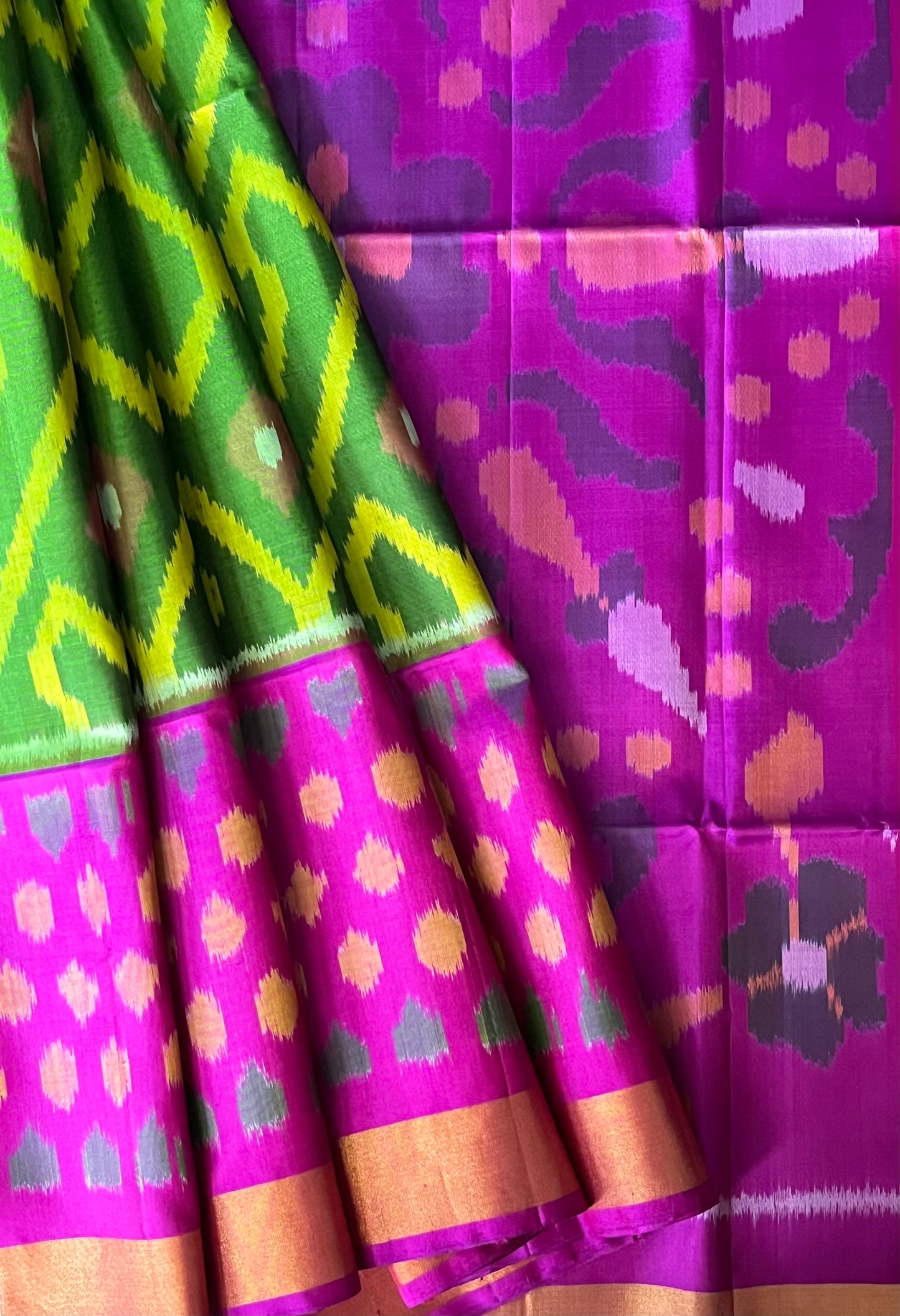 Aurora Meadow – Green & Fuchsia Ikat Soft Silk