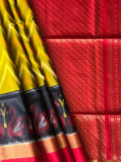 Swanfire Dawn – Olive & Scarlet Ikat Soft Silk Saree