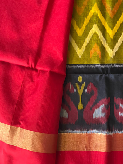Swanfire Dawn – Olive & Scarlet Ikat Soft Silk Saree