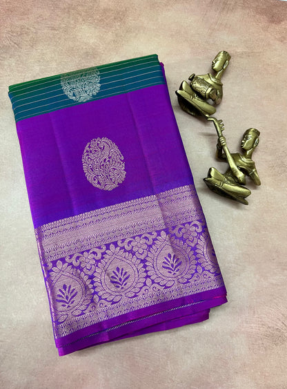 Peacock Plume Kanjeevaram in Blue Green Kalanetha with Royal-Violet Pallu