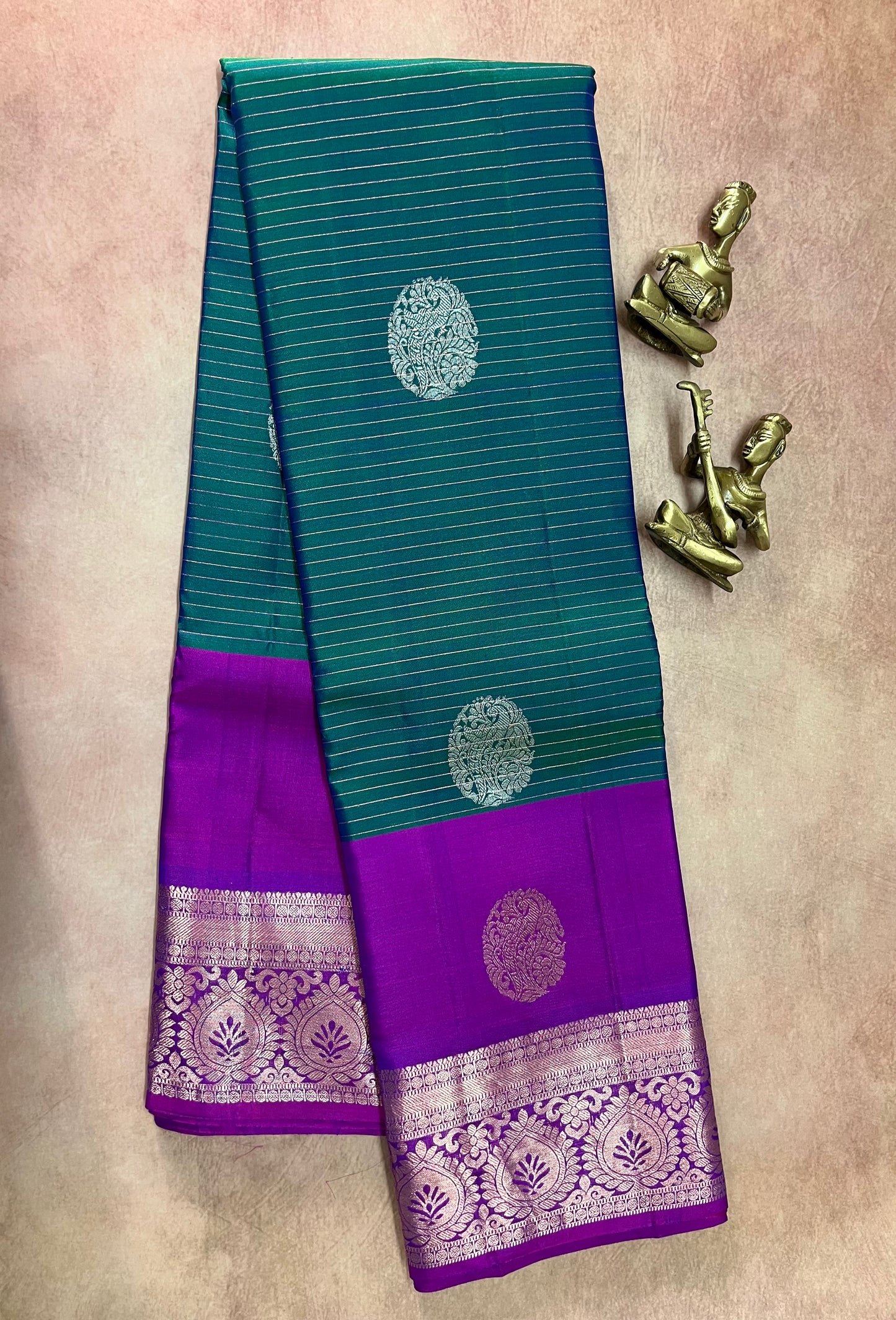 Peacock Plume Kanjeevaram in Blue Green Kalanetha with Royal-Violet Pallu