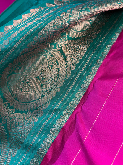 Peacock in the Rain Kanjeevaram in Regal Magenta and Teal