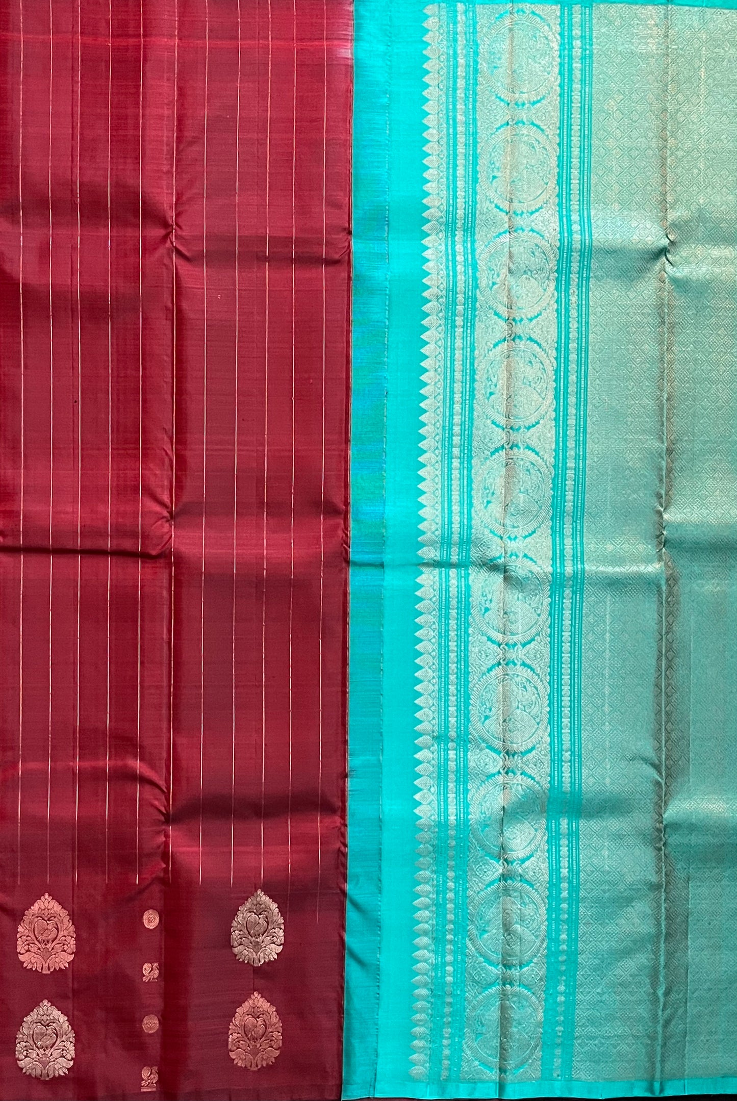 Peacock in the Rain Kanjeevaram in Red and Teal