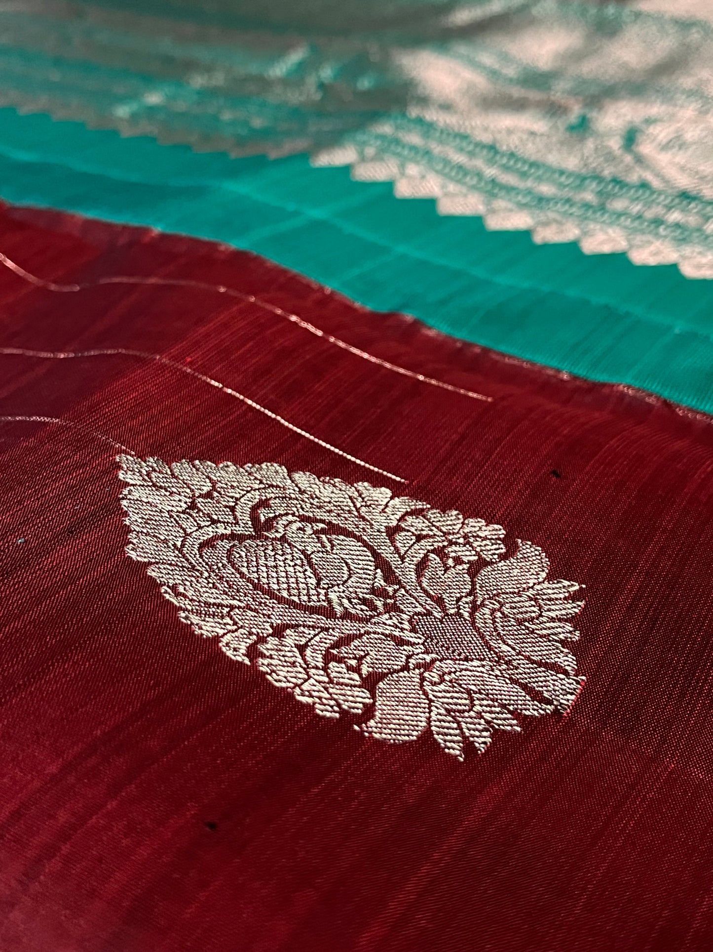 Peacock in the Rain Kanjeevaram in Red and Teal