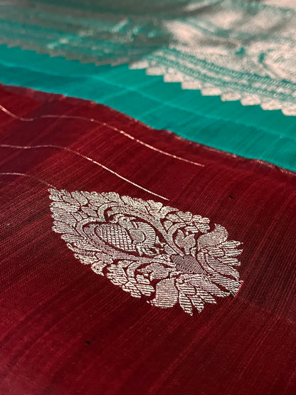 Peacock in the Rain Kanjeevaram in Red and Teal