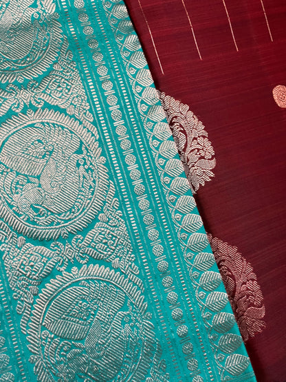 Peacock in the Rain Kanjeevaram in Red and Teal