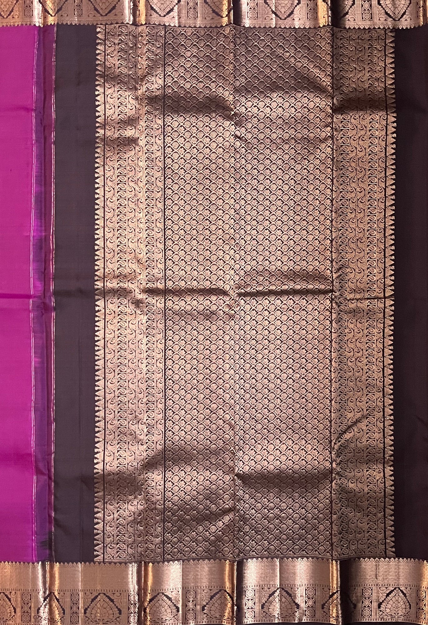 Brown pallu with antique-gold lattice on Royal Medallion Kanjivaram saree