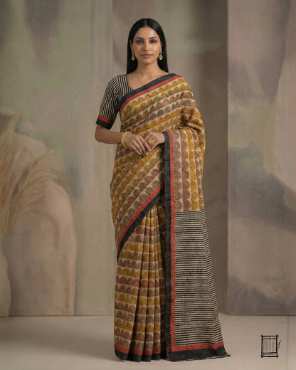 Pure tussar silk saree with small arcs kantha and french knots embroidery.
