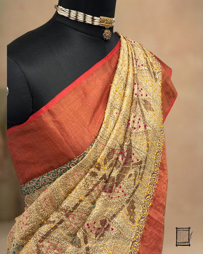 Natural Tussar with multi-colored nature tones with red zari