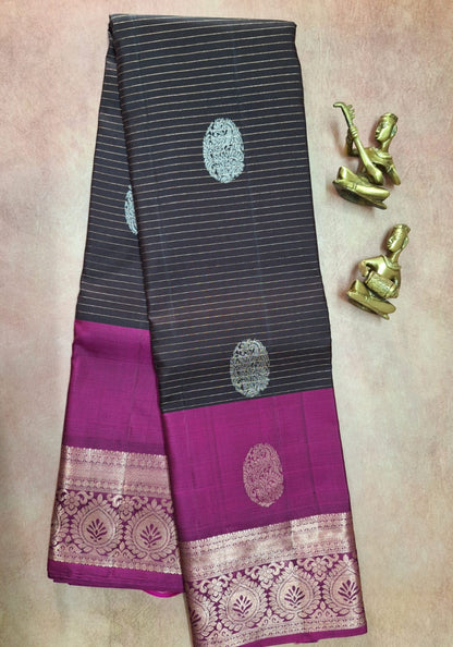 Peacock Plume Kanjeevaram in Charcoal Brown and Magenta Pallu