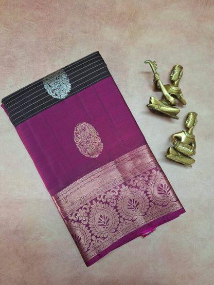 Peacock Plume Kanjeevaram in Charcoal Brown and Magenta Pallu