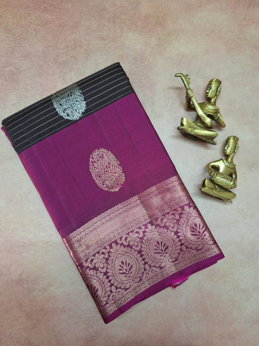 Peacock Plume Kanjeevaram in Charcoal Brown and Magenta Pallu
